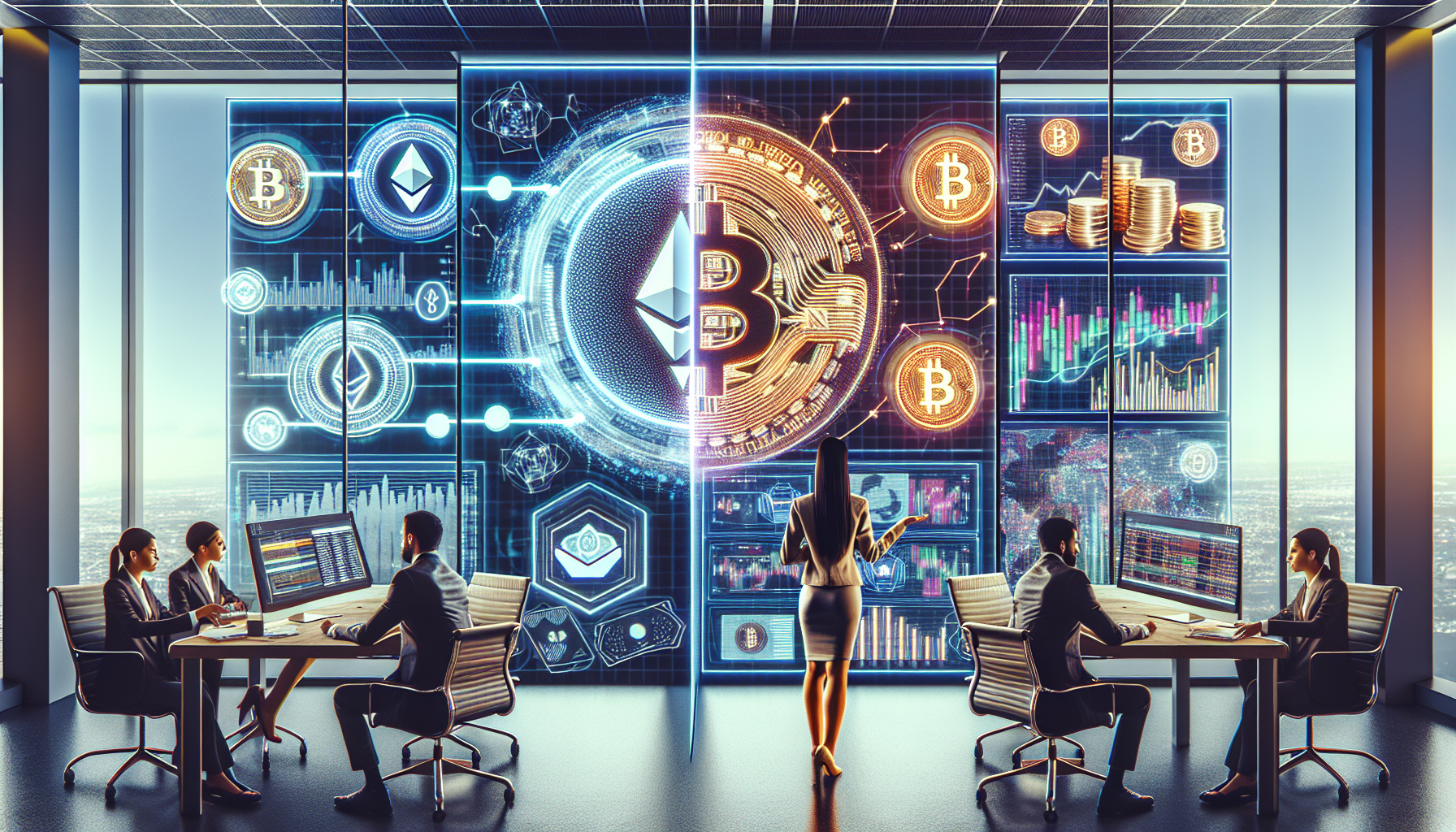 Create an image of a modern financial advisor’s office. On one side of the room, illustrate digital elements like holographic charts displaying various cryptocurrencies (Bitcoin, Ethereum, etc.) and a high-tech digital wallet interface on a sleek computer screen. On the other side, show traditional financial tools like printed reports and stock market charts. The financial advisor is engaged in a discussion with a client, emphasizing a strategic blend of traditional and digital investment advice. The room features a mix of high-tech and contemporary décor, symbolizing the integration of innovative digital currency management tools with conventional financial expertise.