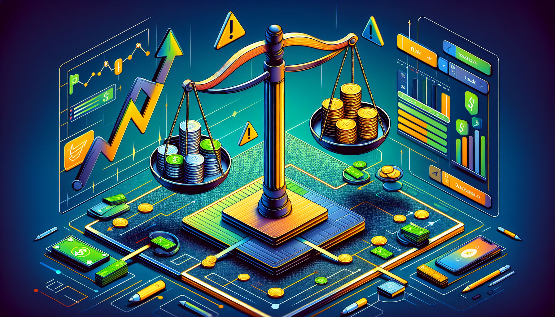 Create an image showing a balanced scale with money on one side representing Potential Returns, and a warning sign on the other side labeled Risk of Loss. The background should feature the Robinhood app interface, highlighting the margin trading section. Use vibrant colors to make the benefits and risks stand out, and include a small Robinhood logo to ensure context.
