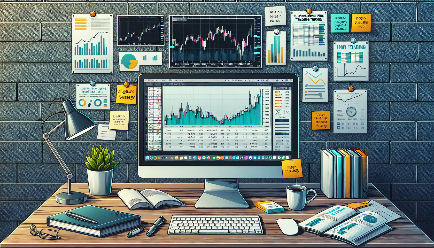 Create an image of a sleek and modern trading desk setup that showcases a computer screen displaying the Robinhood platform, with charts and stock prices prominently featured. Visible on the desk are sticky notes with various trading strategies written on them, alongside financial books and a cup of coffee. A bulletin board in the background has printed tips for responsible margin trading, risk management strategies, and reminders to stay informed about market trends. The overall atmosphere should convey a sense of diligence, strategy, and informed decision-making in the context of margin trading on Robinhood.