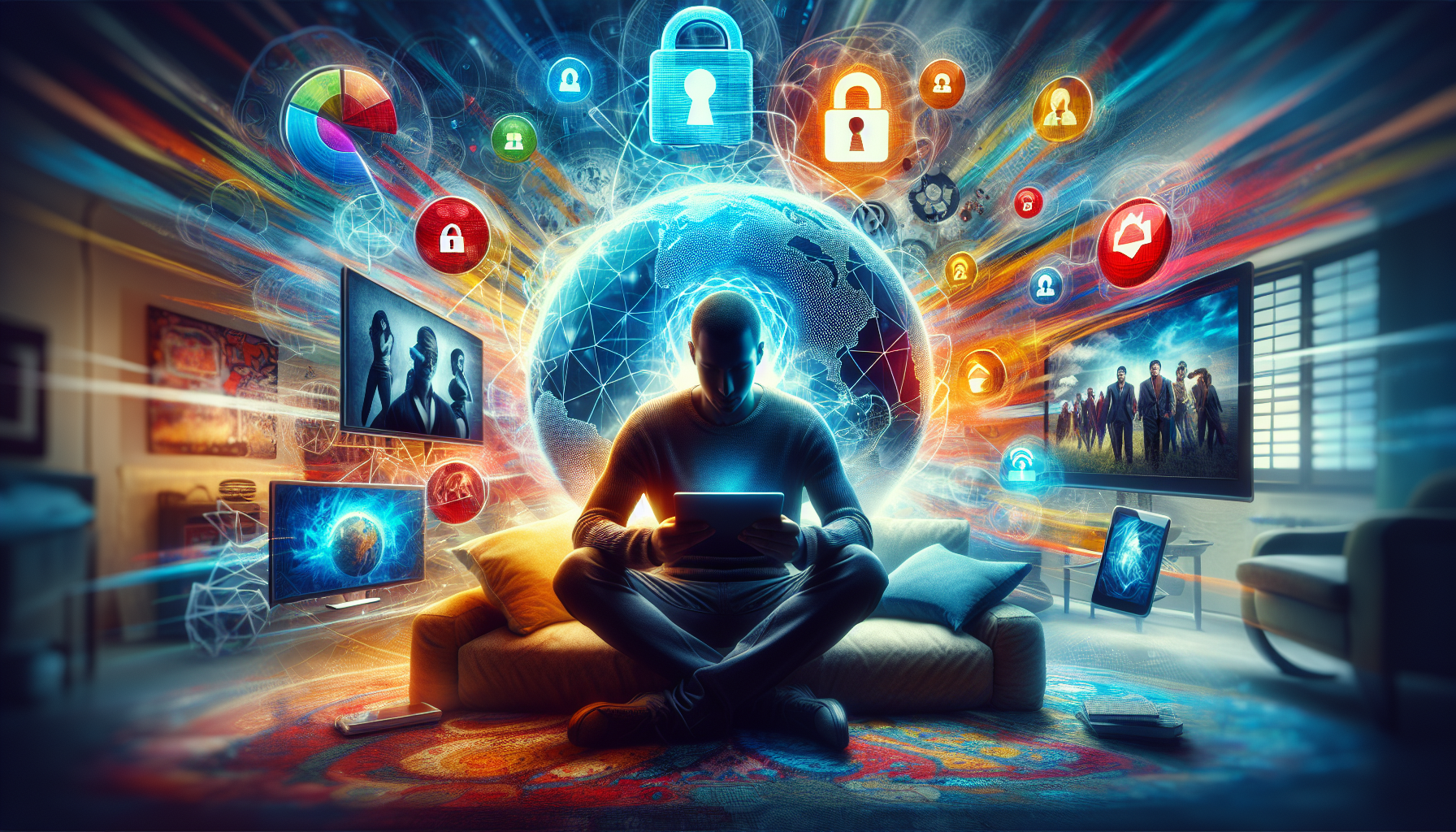 Create an image depicting a person comfortably watching a variety of international TV shows and movies on multiple devices, with a globe in the background to represent geographic locations. The image should emphasize the seamless access to geo-restricted content using a strong VPN. Add icons or symbols representing popular streaming platforms like Netflix, Amazon Prime, and Hulu with a strong VPN logo highlighting connectivity across borders.