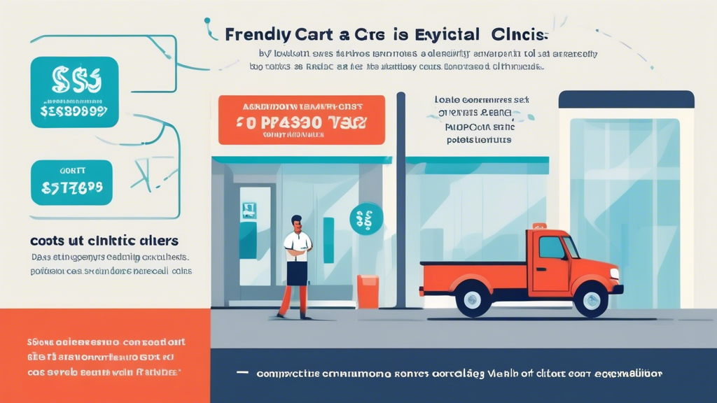 Create an image showing a friendly and welcoming urgent care clinic environment where a truck driver is receiving a DOT Physical. Emphasize the affordability by including a clear price tag or sign showing the competitive cost of the service. Additionally, show a comparison chart on a nearby wall demonstrating the lower out-of-pocket costs at urgent care clinics compared to other medical facilities. Include visual elements that represent different insurance symbols to indicate wide insurance acceptance. Make sure the setting looks modern, clean, and professional.