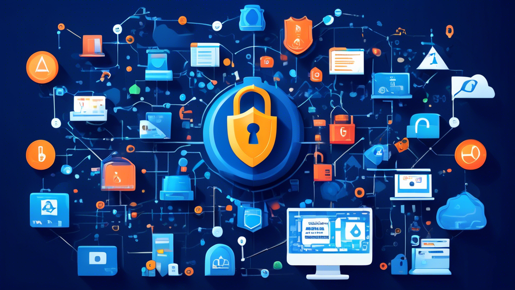 Create an image that depicts the central security measures of Acronis Backup. Show a computer system with layers of security icons such as a locked padlock, an encrypted data symbol, and a shield to represent ransomware protection and advanced threat detection. The background should feature data streams and secure digital vaults to highlight data safeguarding and restoration processes.