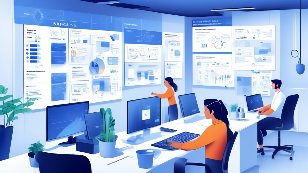 Create an image depicting a modern office environment where an IT professional is demonstrating best practices for using Acronis Backup. The scene should include a wall-mounted screen showing diagrams of regular backup schedules, optimized backup strategies tailored for different business needs, and fast recovery plans. The office should have a clean, organized look with a mix of digital and physical elements to signify the integration of technology. Use a color scheme that reflects professionalism and reliability.