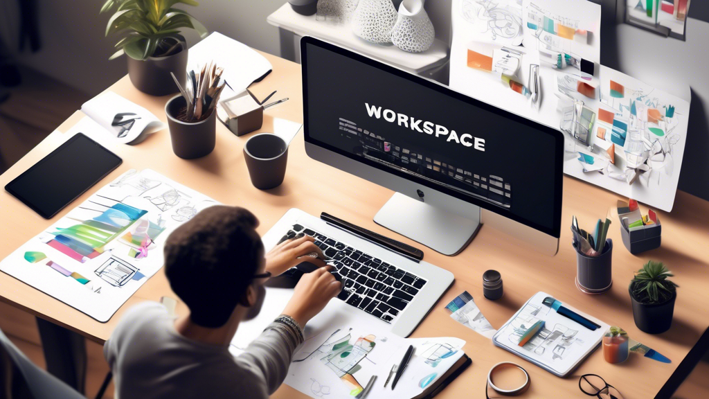 Create an image of a modern workspace with a person working on a content creation project. The desk is filled with research materials, planners, and a laptop displaying a web page draft. Additionally, the workspace includes artistic tools and a tablet showing design mockups, illustrating the integration of writing, visuals, and multimedia in creating quality content. The background should depict a brainstorming board filled with notes and ideas related to the project, highlighting the importance of research, planning, and purposeful writing.