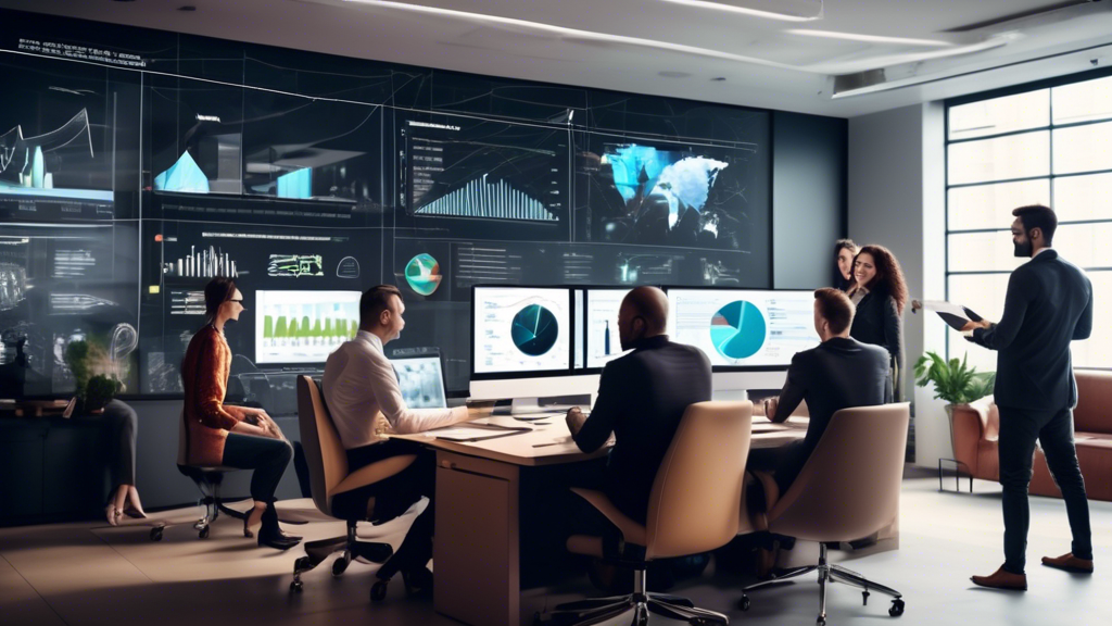 Create an image of a modern office space with a team of professionals gathered around a large screen displaying various graphs and metrics. The team is actively discussing and analyzing the data to refine their digital content strategies. On the screen, elements like website traffic, engagement rates, and content performance indicators are visible. The setting should reflect a collaborative and innovative atmosphere, emphasizing data-driven content improvement.
