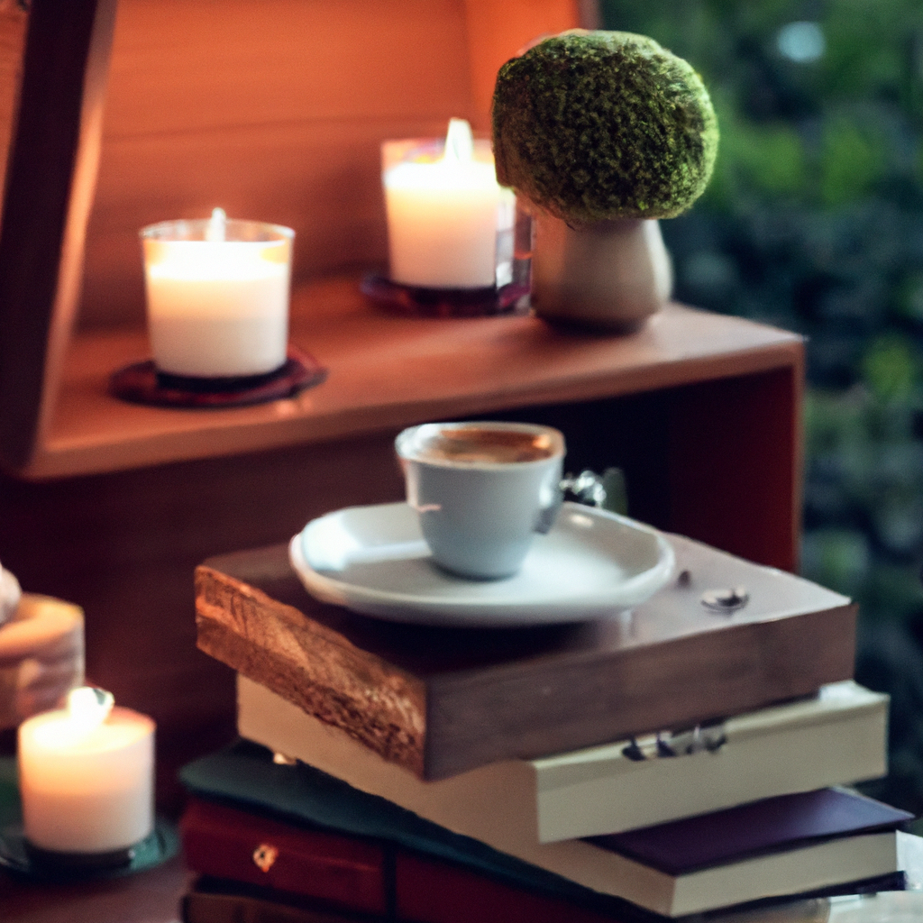 Create an image that depicts a cozy and modern living room with a coffee-scented candle illuminating a warm light. The candle should be placed on a stylish coffee table surrounded by books, and greenery. To emphasize the benefits, include subtle elements like a relaxed person reading a book, a serene atmosphere showcasing stress reduction and mood enhancement, and the candle