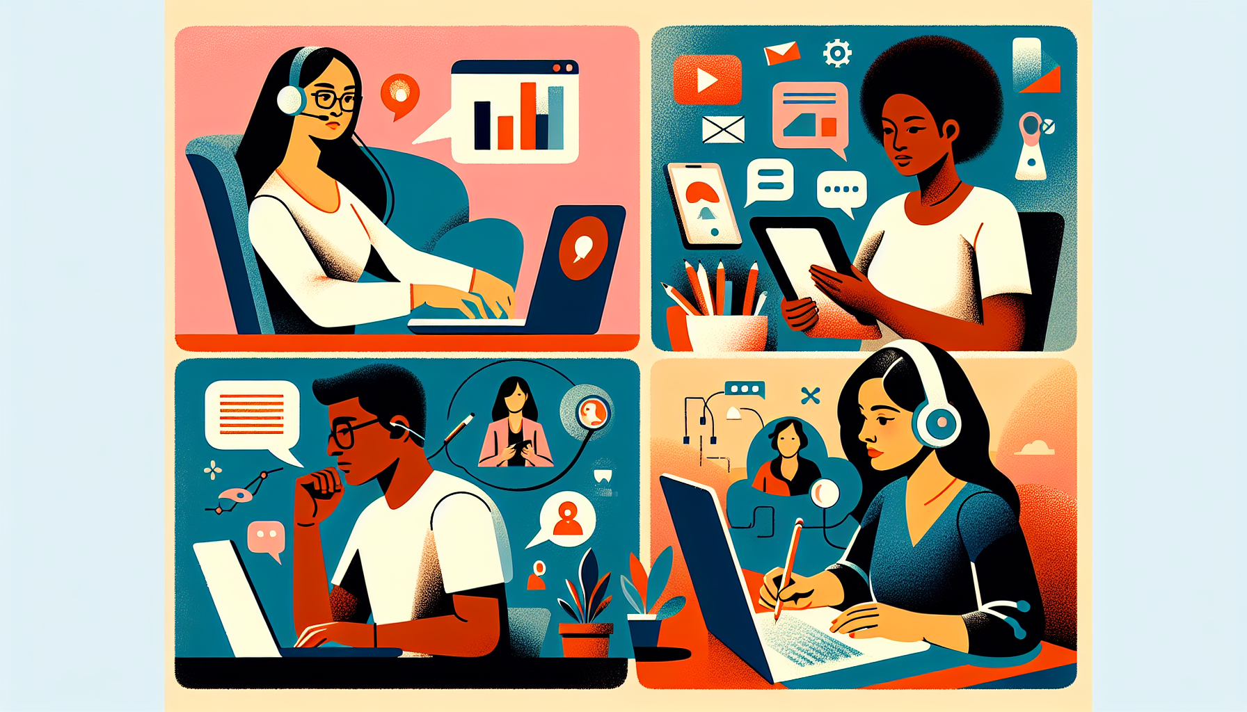 Create an engaging and vibrant digital illustration showcasing a diverse group of people engaging in different online side hustles. Show one individual taking an online survey on a laptop, another person writing an article on a tablet, and a third providing online tutoring via a webcam. Each scene should clearly represent their respective tasks, with icons and elements that signify survey-taking, freelance writing, and online tutoring. Use a clean and modern design with a warm and inviting color palette to convey the ease and flexibility of starting these side hustles today. Include subtle hints of popular logos or platforms in the background to accentuate legitimacy and real-world application.