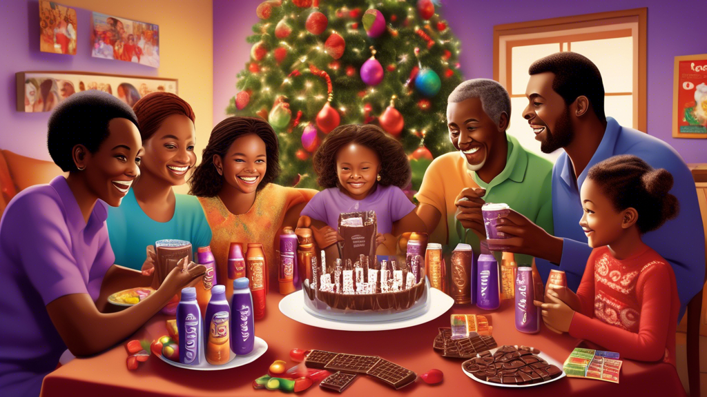 An illustrated scene showing a family from various cultural backgrounds gathered around a table, each enjoying Dairy Milk Chocolate during a festive holiday celebration, with colorful decorations symbolizing different global traditions, and iconic Dairy Milk advertising posters in the background.