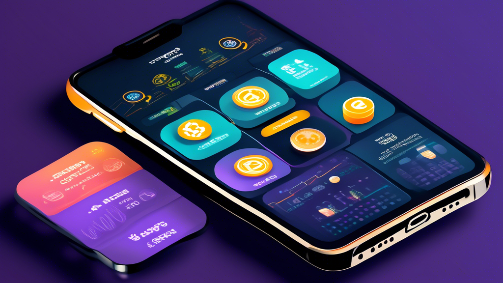 A digital illustration showcasing a modern mobile device screen displaying comparisons of various top-rated cryptocurrency apps. The screen is divided into three sections: one showing a chart with user reviews and ratings, another illustrating a breakdown of transaction fees and costs, and the last one depicting compatibility icons with different devices and financial tools. The background features sleek, futuristic graphics symbolizing cryptocurrency and fintech elements.