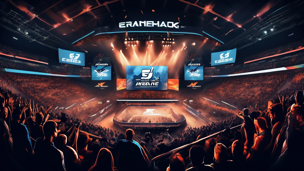 Create an image depicting the excitement and grandeur of a major CS:GO tournament, such as ESL One, DreamHack, or ELEAGUE. The scene should include a packed stadium with cheering fans, large screens displaying gameplay, and intense action between professional players on stage. Highlight historical moments or iconic matches, and subtly incorporate the tournament
