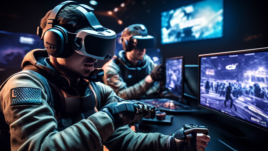 Create an image showcasing the future of CS:GO tournaments, featuring advanced technological innovations such as VR setups, AR-enhanced gameplay overlays, and AI analysis tools. The scene should depict a hybrid model with both in-person and online engagement, illustrating the viewer
