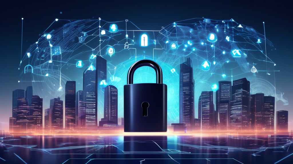 /Imagine: A futuristic digital landscape featuring a dynamic decentralized exchange scene. In the foreground, depict a padlock with blockchain links symbolizing security, surrounded by icons representing various security measures like multi-signature wallets and encryption. To the side, show warning signs highlighting potential risks like vulnerabilities and fraud. In the background, illustrate government buildings with digital ties to a decentralized exchange, symbolizing the intersection of regulation and compliance. The entire setting should have a high-tech, cyber-secure aesthetic, emphasizing safety and regulatory scrutiny in decentralized exchanges.