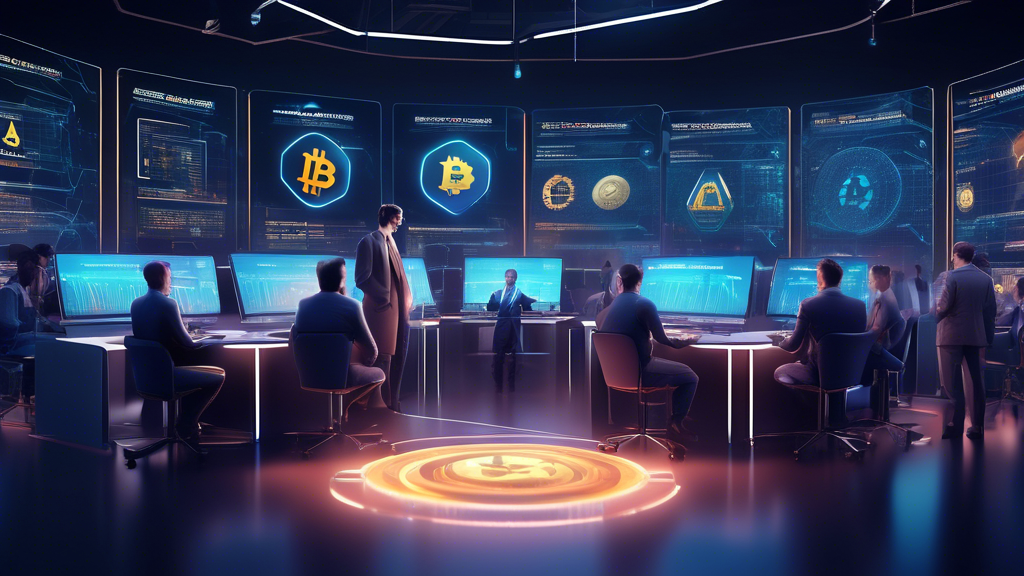 Prompt: Create an image of a modern cryptocurrency exchange platform in the United States showcasing advanced technological interfaces. It should display traders using innovative tools such as real-time analytics, machine learning-driven trading bots, and secure blockchain technology. Include elements highlighting new features like staking options, cryptocurrency lending services, and robust digital wallets. The backdrop should exude a futuristic vibe with sleek designs and high-tech visuals, demonstrating the cutting-edge advancements offered by US crypto exchanges.