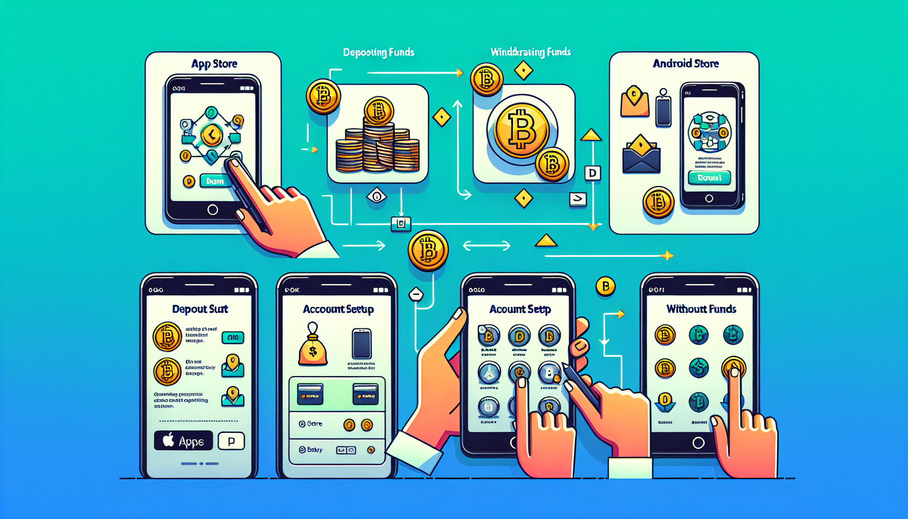 Prompt: A step-by-step guide illustration showing how to install and use the CEX.IO app on both iOS and Android devices. The image includes clear, easy-to-follow steps with icons representing the App Store and Google Play, screenshots of the installation process, and highlights of setting up an account. Additionally, the illustration features visual cues for depositing funds, withdrawing funds, and trading cryptocurrencies within the app, designed in a modern, user-friendly style.