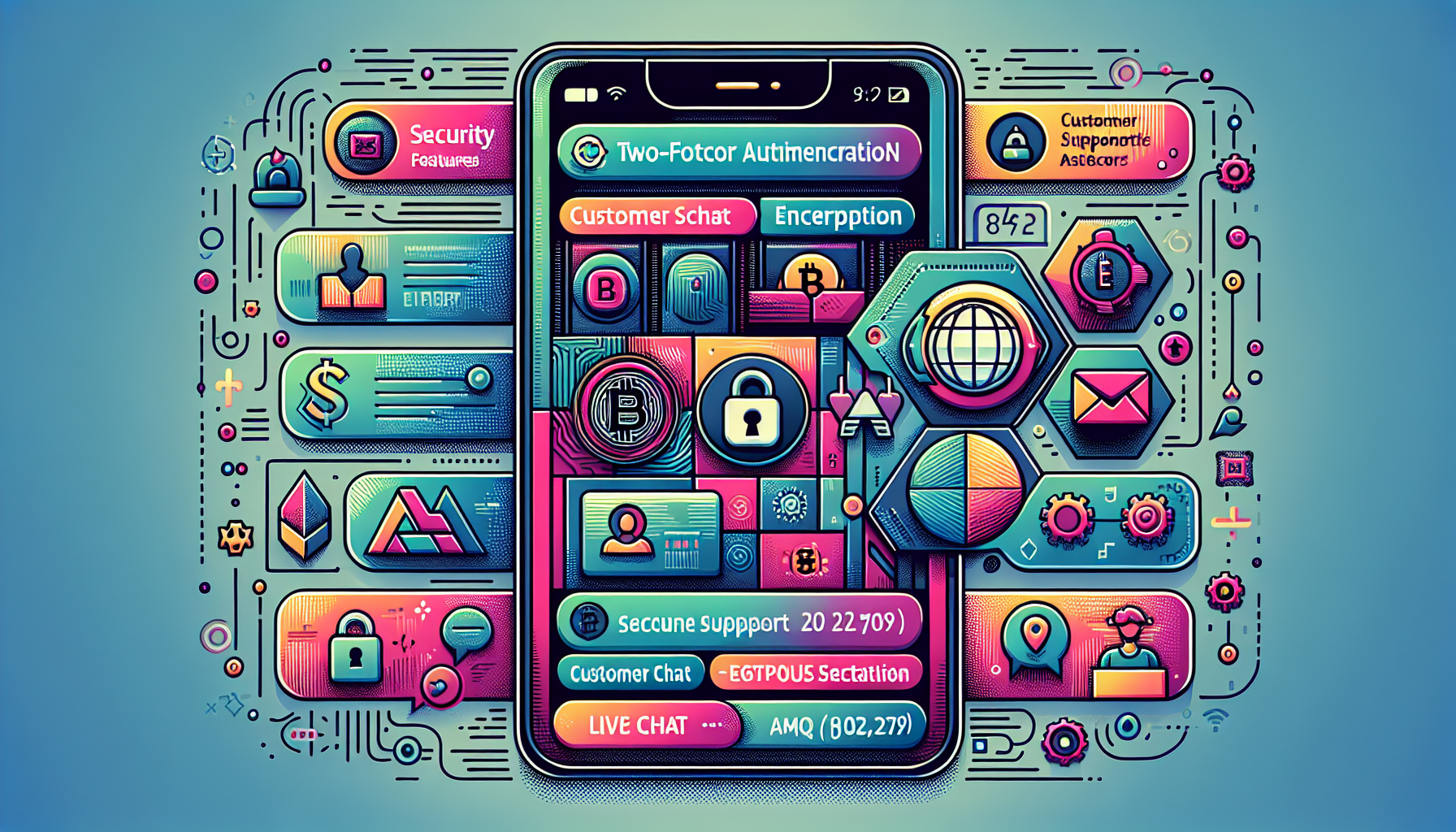 Create a detailed illustration showing the security measures and customer support features of the CEX.IO app. The image should depict a mobile phone with the CEX.IO app interface, highlighting security elements like two-factor authentication (2FA) and encrypted transactions. Include visual cues of customer support options such as live chat, email, and a FAQ section, making them easily identifiable. The overall aesthetic should be modern and tech-savvy to resonate with users seeking a secure way to manage their cryptocurrencies.