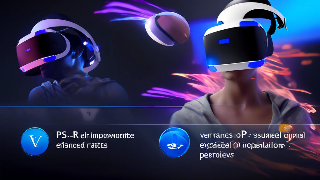 Create an image showcasing the enhanced visual experience of PS VR V2. Highlight the upgraded high-resolution display with vibrant, high-definition graphics. Illustrate the improved refresh rates with fluid and smooth motion representations. Include a comparison graphic showing the difference between the visuals of the original PS VR and the PS VR V2, emphasizing the striking improvements in clarity and detail. Keywords: PS VR V2, high-resolution display, improved refresh rates, graphical enhancements.