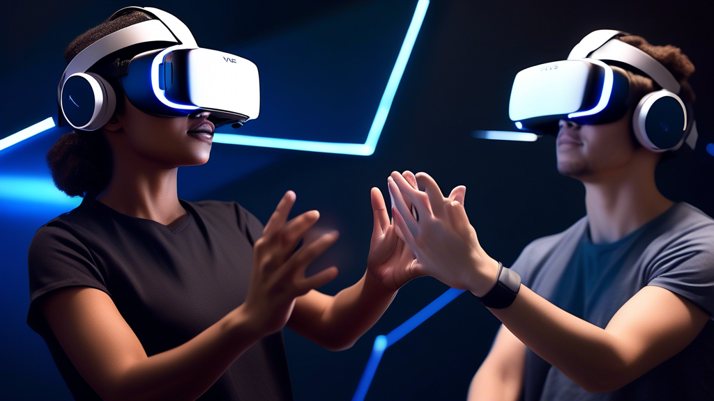 Create an image of a sleek, futuristic virtual reality headset labeled PS VR V2 being used by a diverse group of people engaging in different interactive activities. The headset should feature ergonomic design elements like cushioned padding and adjustable straps, highlighting comfort during use. Show users