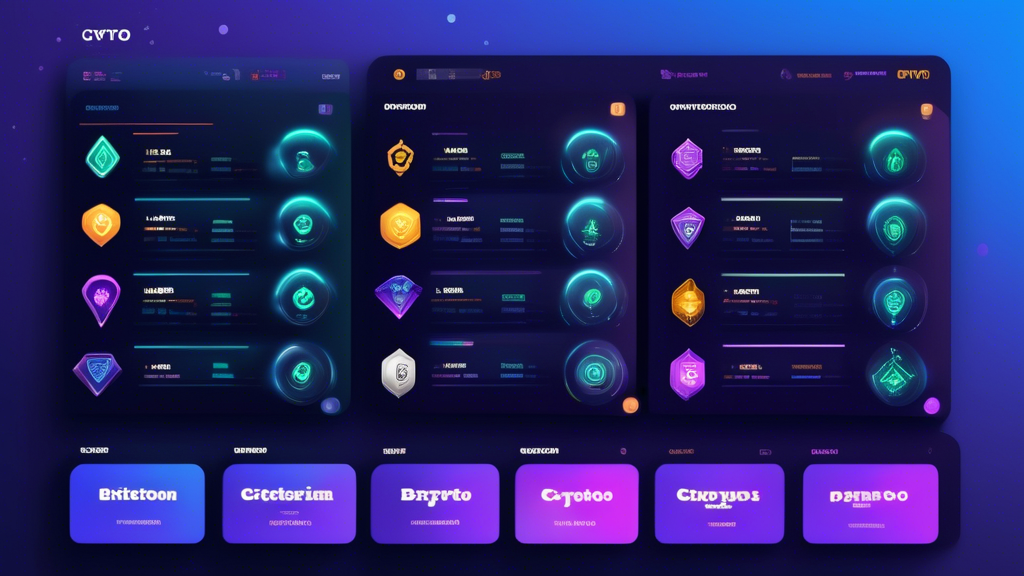 Create an image of a modern, sleek interface showcasing a variety of crypto casino sites on computer screens. In the center, there is a detailed comparison chart highlighting features such as deposit and withdrawal options, customer support, user interface, and special bonuses. The background features subtle graphics of cryptocurrency symbols like Bitcoin, Ethereum, and Litecoin to indicate the central theme of crypto payments. The overall tone of the image is professional and informative, giving users a clear visual for choosing the best crypto casino online in 2023.