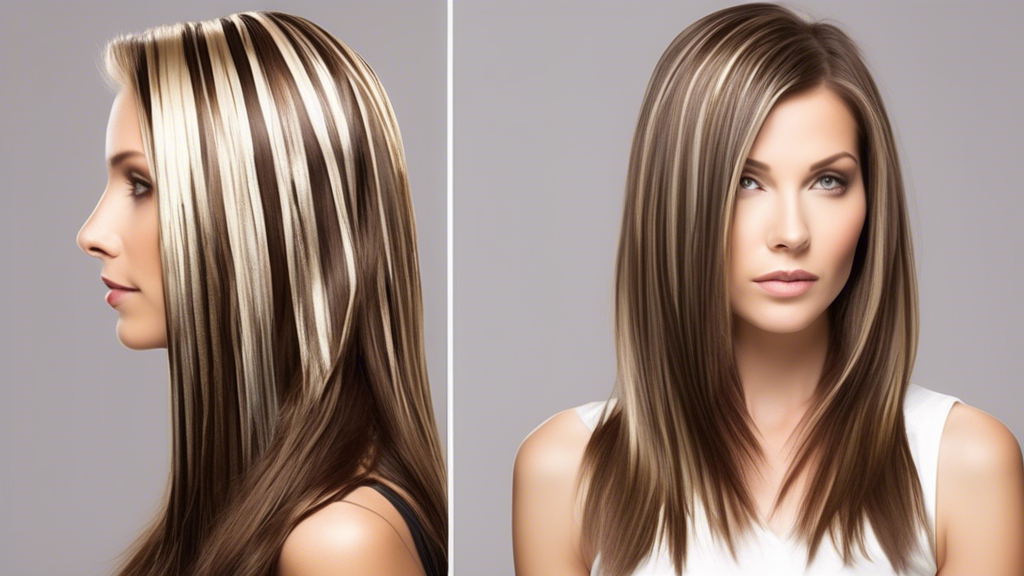 Create an image showing a step-by-step guide to applying blond foils on dark brown hair. The image should include clear illustrations of sectioning techniques, precise foil application, and timing/processing indicators. The setup should be in a professional salon setting, with a hair stylist working on a client