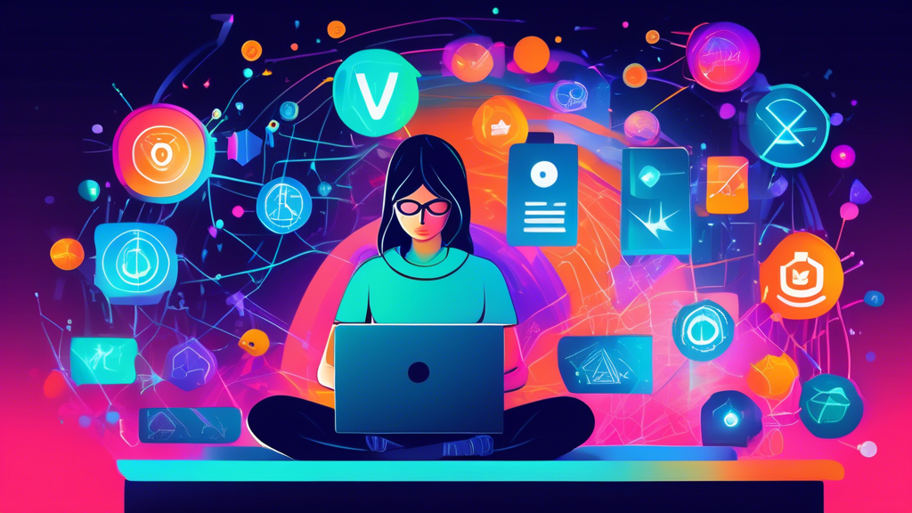 Create an illustration showing a person using a laptop, surrounded by glowing icons representing VPNs, proxy servers, and Tor network. The background should show a digital barrier being shattered, symbolizing the unblocking of websites. Include visuals of browser extensions and a secure internet connection to emphasize effective methods for accessing restricted content.