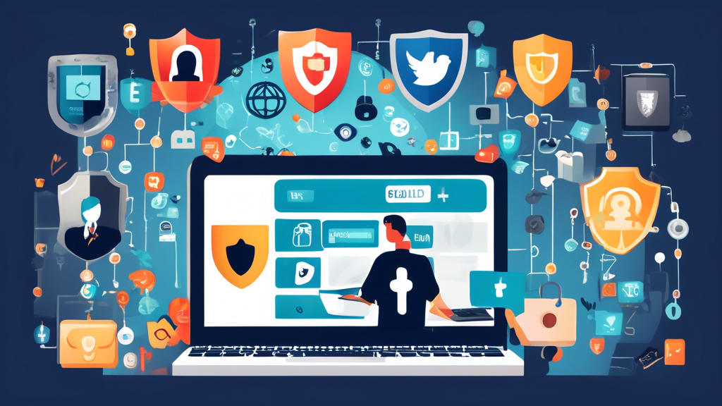 Create an image illustrating the concept of safely unblocking blocked websites. The image should feature a person using a laptop with multiple security icons (like shields, padlocks, and HTTPS symbols) surrounding the screen. The laptop screen displays a variety of previously blocked websites (e.g., social media, streaming platforms) being accessed. Include subtle legal and ethical symbols, such as scales of justice and checkmarks, to emphasize responsible and lawful practices. The background should depict a secure, private environment to stress the importance of online security and privacy.