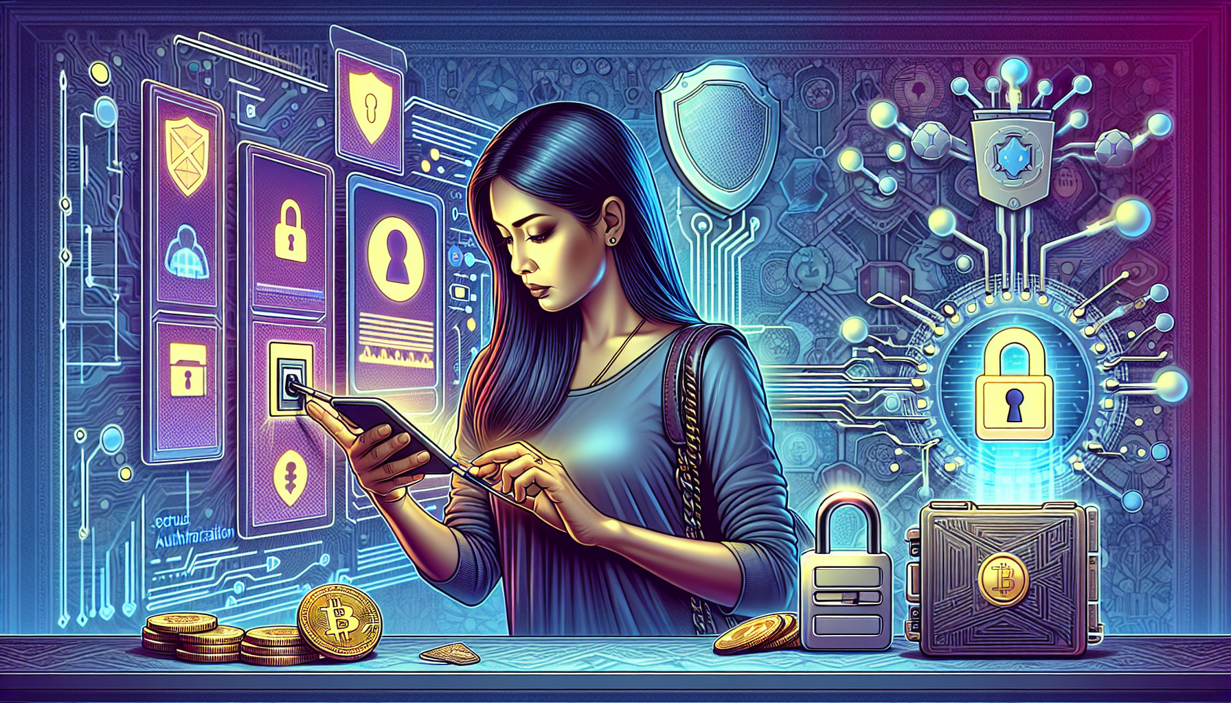 Create an image showing a person setting up security measures for their crypto currency account. The person is enabling two-factor authentication (2FA) on their smartphone, creating a strong password, and holding a hardware wallet. The background includes elements that symbolize security, such as a digital lock, shield icons, and encrypted code patterns. The overall theme should emphasize the importance of securing crypto currency accounts.