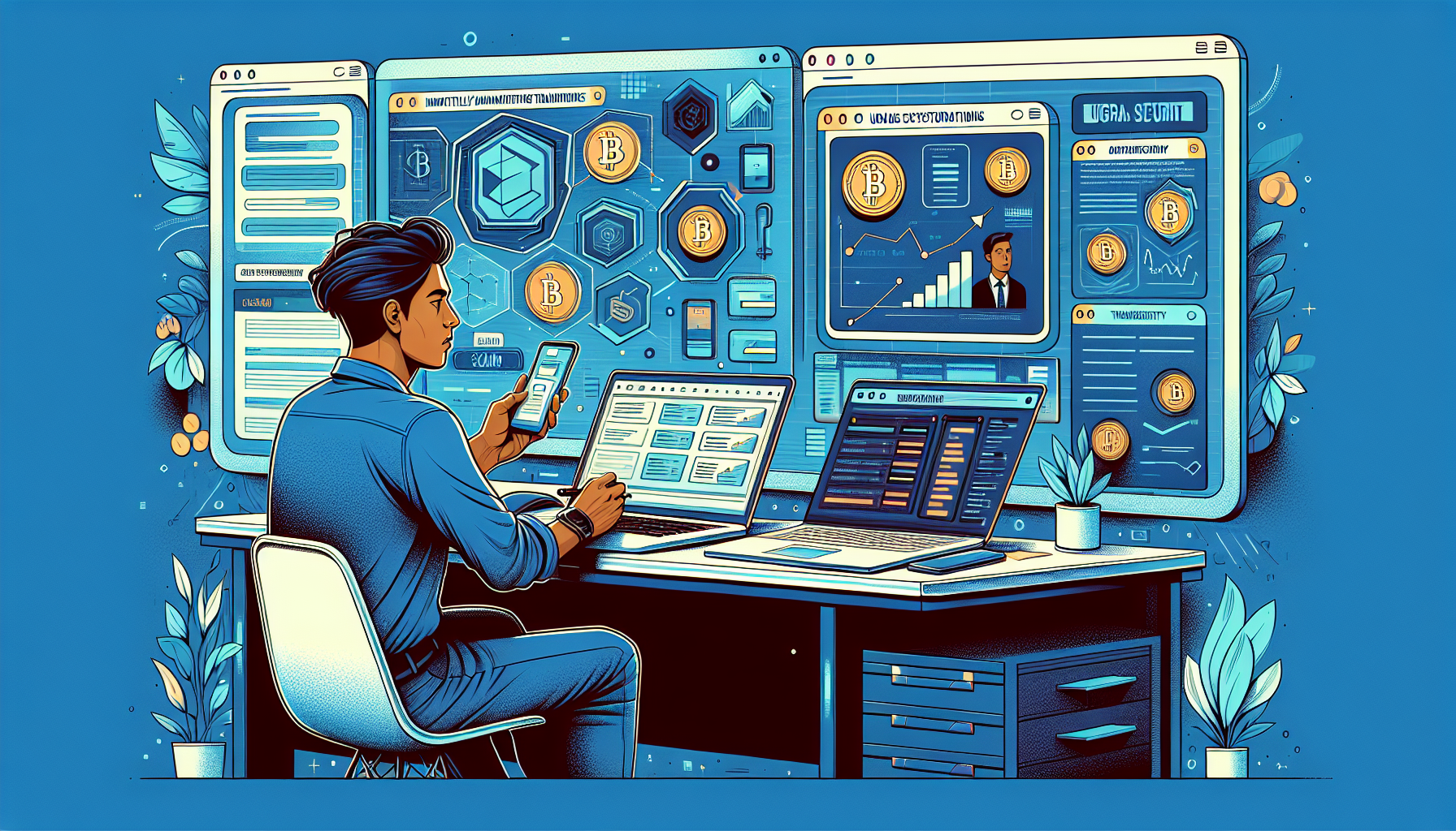 Generate an image showing a person sitting at a desk, surrounded by devices like a laptop and smartphone, diligently taking notes and updating information on various screens. The background features a bulletin board with pinned tips for spotting scams and reminders to update security. There should also be a visible list of recorded crypto transactions and passwords shown in a secure, organized manner. Use a modern, sleek style with subtle tech elements to convey the theme of meticulous management and security in a crypto currency account.