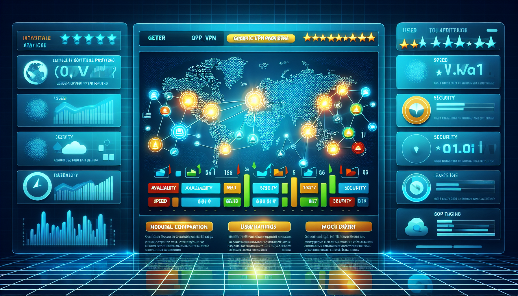 A high-resolution digital illustration showcasing a comparative analysis of the best VPN providers in 2023. The image features a sleek, modern interface displaying a comparison chart with colorful icons representing key features such as speed, server availability, security, and ease of use. The backdrop includes a world map with highlighted nodes symbolizing global server locations. Side panels contain expert and user ratings in star formats and brief summaries. The style is clean, tech-savvy, and informative, aiming to visually guide the viewer through the top choices for VPN services with clarity and precision. The overall tone should reflect trustworthiness and modern technology.