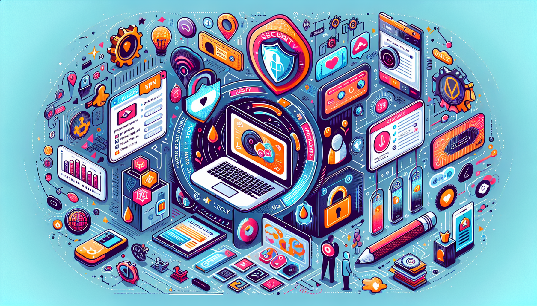 Create an illustration showing a decision-making process for selecting a VPN provider. Include key elements such as privacy policies, device compatibility, customer support, as well as specific use cases like streaming, gaming, and professional usage. Use icons and visual elements that depict security, various devices, and service quality. Title the image 