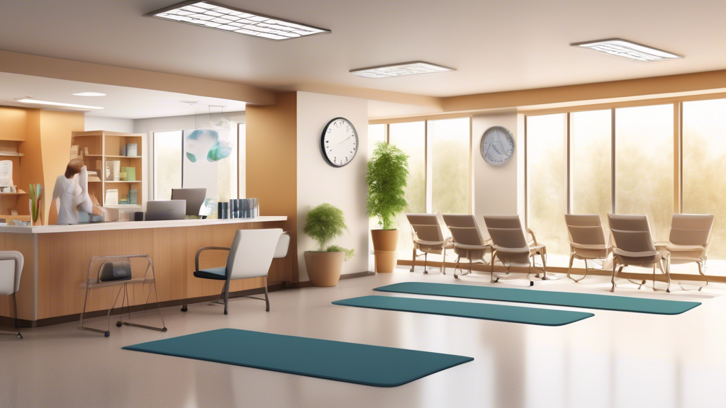 Create a detailed illustration of a comprehensive wellness and drivers physical clinic. The scene should showcase various specialized services tailored for drivers, such as vision tests, cardiovascular health assessments, and standard health screenings. Include a holistic wellness approach with elements like yoga classes, nutritional counseling, and relaxation spaces. Ensure the environment looks inviting and professional, with medical staff assisting drivers in different sections of the clinic.