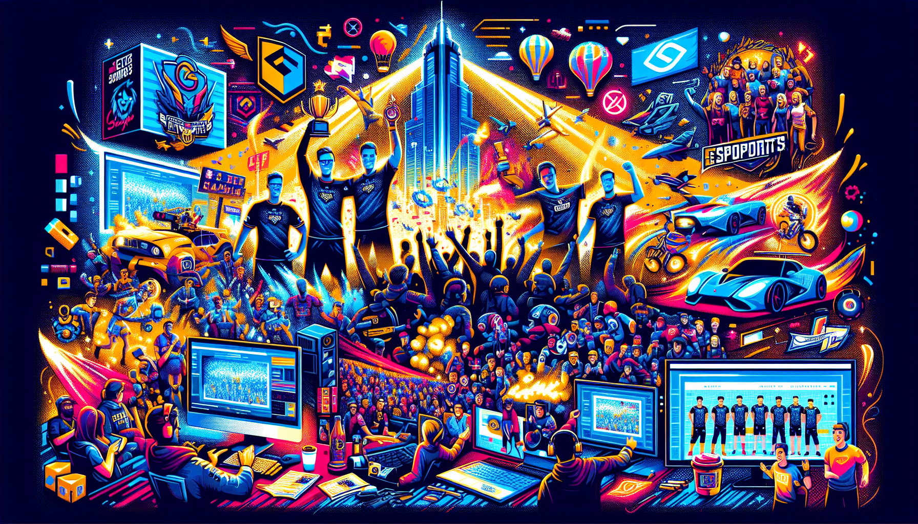 Create an image that captures the dynamic influence of FaZe Clan in the esports industry. Imagine a vibrant collage that combines scenes of intense esports competitions with FaZe Clan athletes celebrating championship victories. Include glimpses of their innovative content creation and brand collaborations, highlighting their successful merchandise lines and dynamic social media presence. Additionally, incorporate elements of community engagement, such as FaZe Clan fans showing their support through social media and live events. The backdrop should exude energy and modernity, reflecting FaZe Clan