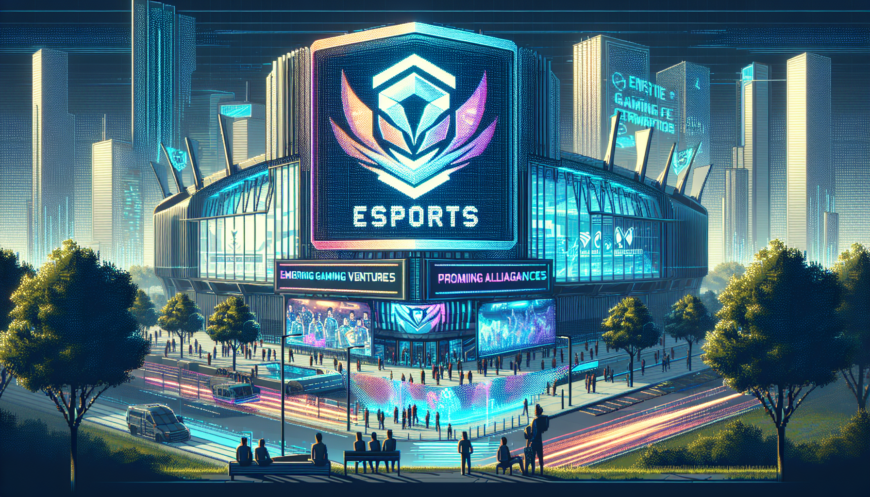 Create a futuristic scene featuring the iconic FaZe Clan logo prominently displayed on a high-tech esports arena. The environment should reflect upcoming ventures with new teams and markets, showcasing advanced gaming technology, holographic advertisements, and diverse teams from various parts of the world. Include elements that highlight the challenges and opportunities in the dynamic landscape of esports, such as intense competitive matches and a vibrant audience. Just outside the arena, depict digital billboards promoting strategic partnerships and collaborations, emphasizing FaZe Clan
