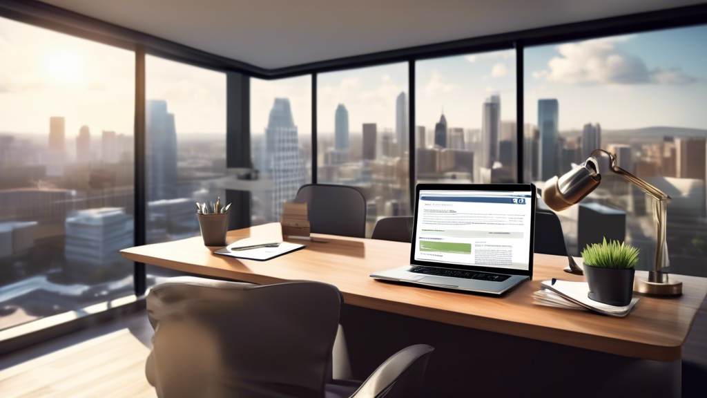 Create an image that depicts a modern, inviting office environment where a potential client is conducting research on a laptop. The screen shows search engine results for best personal injury lawyer near me, with additional tabs open to online reviews and legal directories. The room features a desk cluttered with notepads and legal brochures, a cup of coffee, and a window revealing a cityscape, suggesting a local context. The overall atmosphere should convey a sense of diligence and thorough research, emphasizing the careful steps involved in finding a top personal injury lawyer.