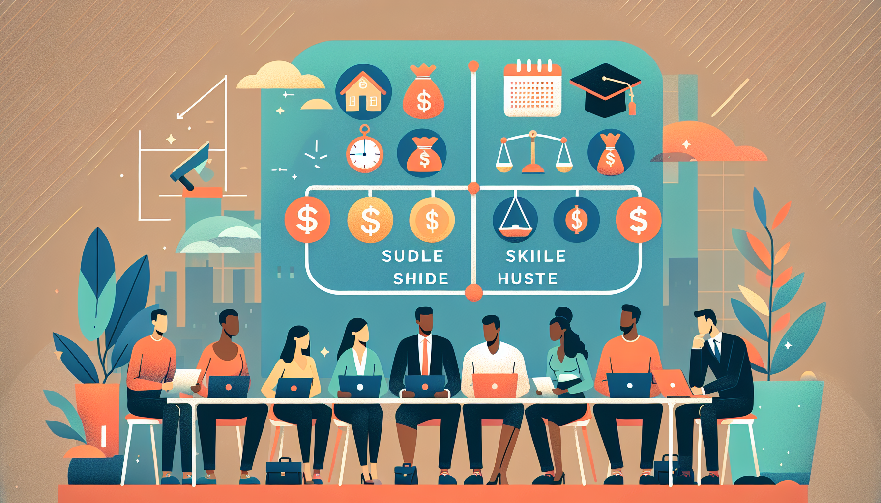 Create an image that visually represents the criteria for selecting the best side hustle jobs. The illustration should include a diverse group of individuals evaluating multiple side hustle options around a table. Each option could be symbolized by icons or small drawings representing flexibility (calendar with flexible dates), income potential (money bag), skill requirements (graduation cap), and work-life balance (scale balancing a briefcase and a house). Include a subtle background of an office setting to indicate the importance of selecting a side hustle that complements a full-time job. Title the image Criteria for Selecting the Best Side Hustle Jobs.