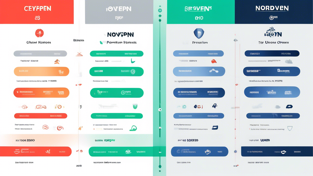 Create an image that depicts a sleek and modern comparison chart displaying the features and benefits of the top VPN providers, including ExpressVPN, NordVPN, and CyberGhost. Use vibrant colors and a clean layout to emphasize performance metrics, pricing options, and user feedback ratings. The chart should have icons representing unique features like speed, security, and user experience, and should visually demonstrate the strengths of each VPN provider in an easy-to-understand format.