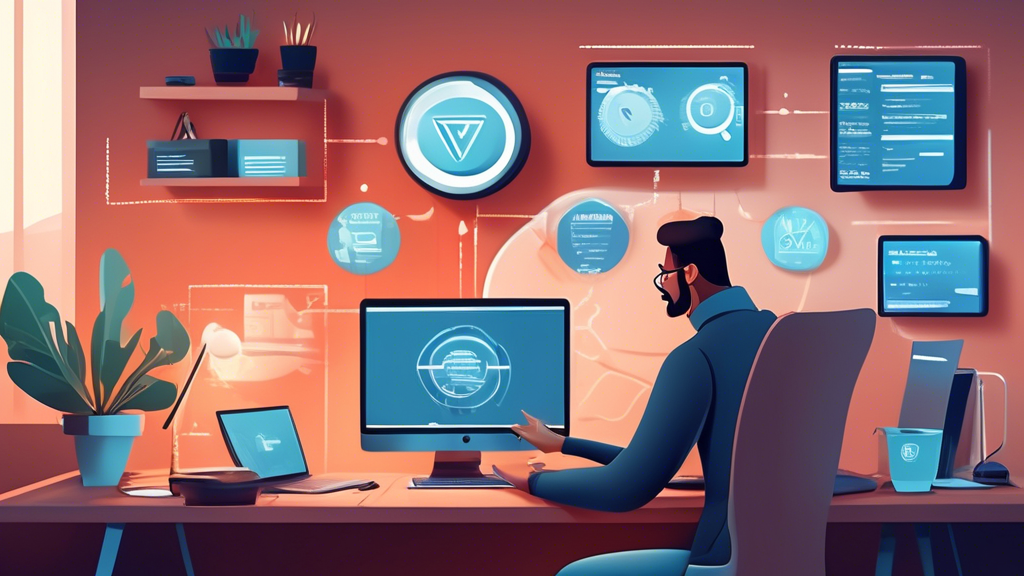 Create an image of a tech-savvy individual in their home office setting up a VPN on their computer with multiple screens displaying VPN dashboards. The background elements include checklists for advanced features and security settings, a calendar marked with update reminders, and a cozy yet modern workspace. The scene should have a clear focus on the process of optimizing VPN settings and maintaining online privacy. Keywords: top vpn, optimal configuration, advanced features, security, privacy, home office.