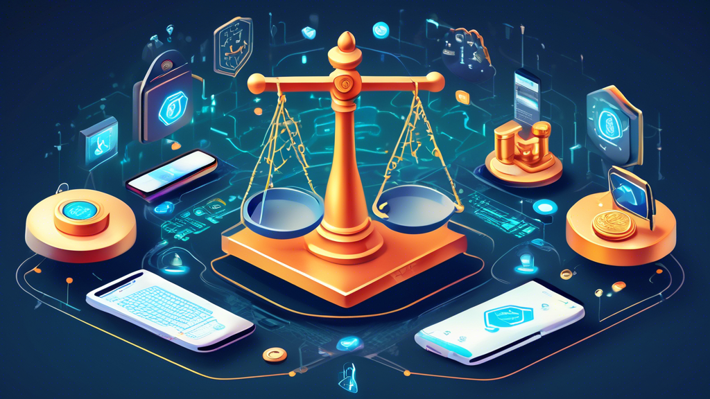 Detailed digital illustration showing a balance scale. On one side, there are strong shields, locks, and encryption symbols representing various encryption methods and protocols. On the other side, a safe vault with a checkmark symbolizing top-rated security features. In the background, a network of interconnected devices and data streams highlight the concept of data protection from common threats through VPN services. Keywords: VPN security, encryption, data protection, VPN test.