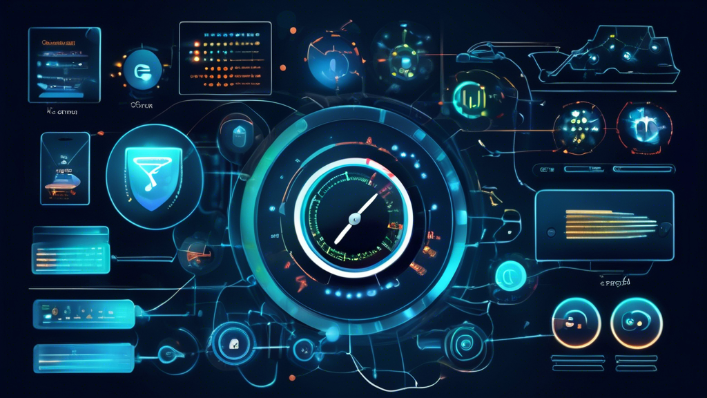 Create an image of various electronic devices connected to a high-speed network, with speedometers and graphs illustrating the performance comparison of popular VPN providers. The visual should include a clear representation of speed tests being conducted, highlighting methods of optimization for enhanced performance. Keywords like 