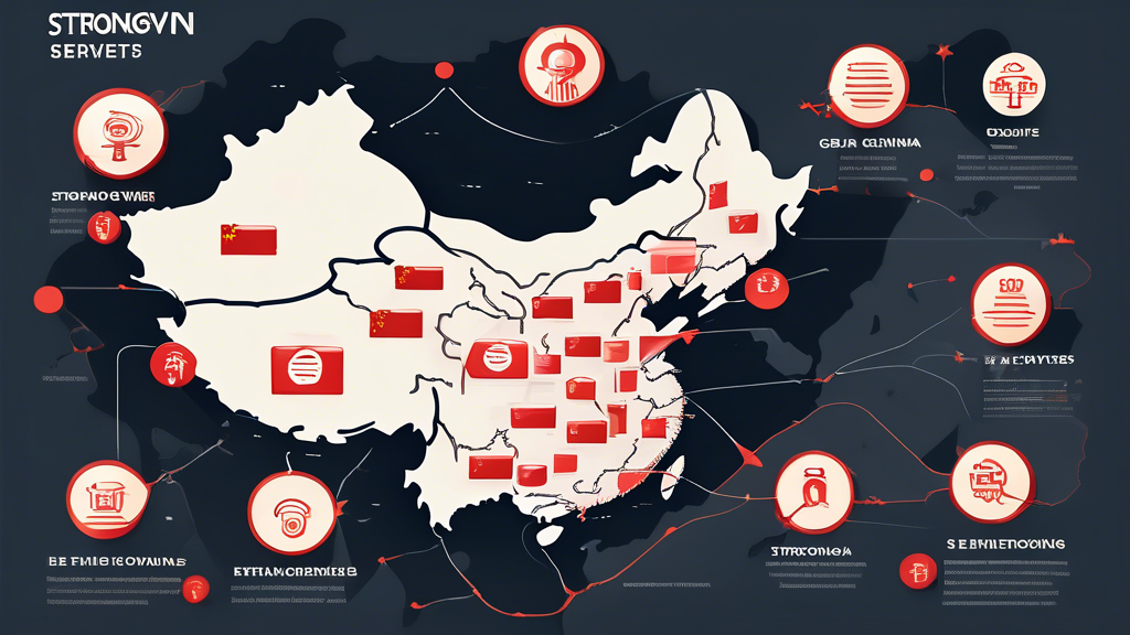 Create an image that illustrates how StrongVPN operates effectively in China, focusing on its technical features and security benefits. The image should include a map of China with a visual representation of the Great Firewall, and depicted StrongVPN servers using shield icons emitting secure signals. Include icons or elements that represent secure and private internet access, such as padlocks and encrypted connections. Integrate user testimonials or visuals of people confidently using their devices with StrongVPN active, indicating reliability in bypassing the Great Firewall. The overall theme should emphasize advanced technology and robust protection.