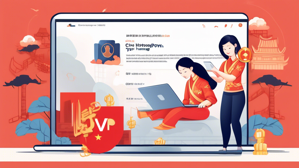 Create a detailed illustration showing a user setting up StrongVPN on their laptop in China. The image should include a clear step-by-step guide with visual elements highlighting key steps such as downloading the app, installing it, and connecting to a server. Include icons and graphics that represent optimizing settings for performance and fixing common issues. The background can subtly feature symbols of China, like the Great Wall, to contextualize the setting.