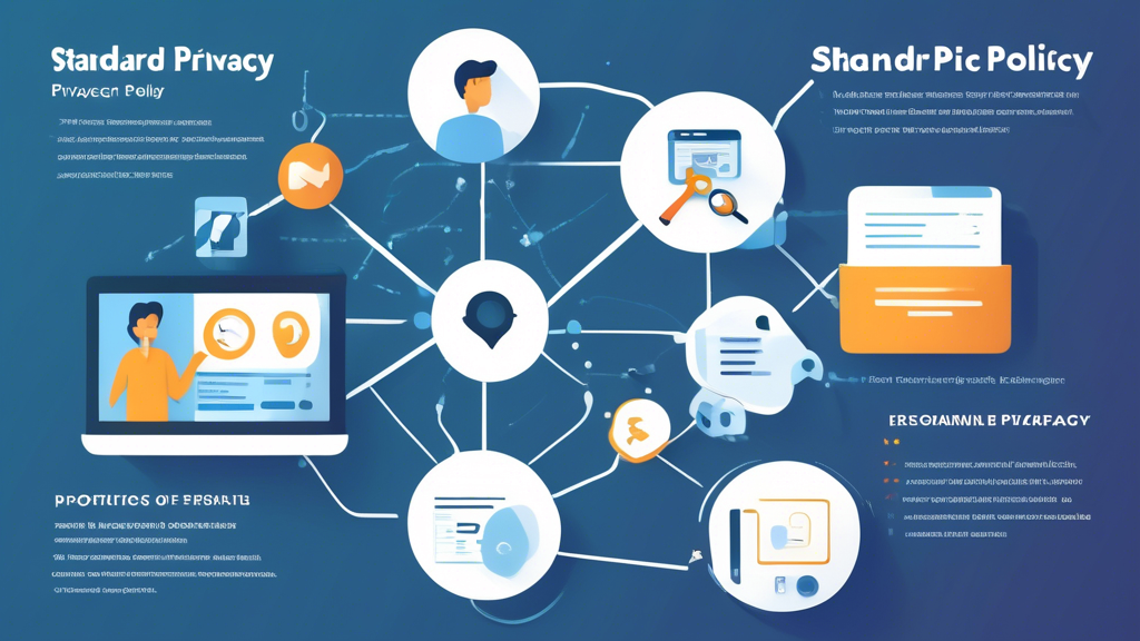 Create an image showcasing the key components of a standard online privacy policy. The image should include visual representations of information collection practices, data usage, sharing and consent mechanisms, and user rights and access to personal data. Use icons like magnifying glasses, data flow charts, checkmarks, padlocks, and user profiles to convey these concepts clearly. Ensure the design is modern and professional, suitable for a business setting.