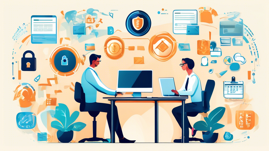 Create an image featuring a business professional diligently working on a computer, surrounded by digital icons representing privacy (such as locks, shields, and checkmarks). The background displays a variety of documents symbolizing policy drafts, and a calendar indicating frequent updates. The visual elements should emphasize best practices, user trust, and keeping up with regulations and technological advancements in maintaining a standard online privacy policy.