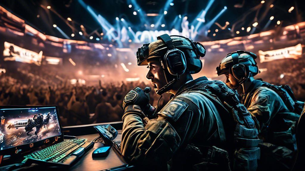 A high-energy image capturing the essence of a Call of Duty tournament, showcasing fast-paced, intense gameplay. The scene features professional players focused on their screens, set amidst a packed arena with enthusiastic audiences cheering and vivid lights creating a dynamic atmosphere. Highlights include diverse game modes displayed on large screens and glimpses of players