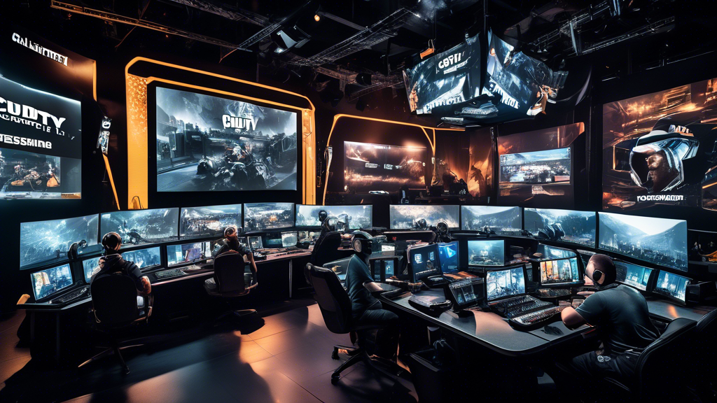 Create an image depicting the intricate planning and technology infrastructure behind successful Call of Duty tournaments. Show a bustling control room filled with large monitors streaming live gameplay, organizers coordinating through headsets, and technicians managing state-of-the-art equipment. Include branded sponsor banners and advanced broadcasting setups, capturing the synergy between technology, sponsorship, and behind-the-scenes management that brings these tournaments to life. Use vibrant, dynamic colors to reflect the adrenaline and excitement of the event planning process.

Keyword: call of duty tournaments.