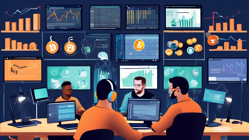 An image showing a diverse group of day traders evaluating cryptocurrency platforms. Each trader is depicted in a different environment: one using a laptop, another on a smartphone, and another on a desktop with multiple monitors. They are surrounded by charts, graphs, and technical analysis tools. The background includes icons for customer support (headphones), educational resources (books and graduation cap), and a demo account (trial stamp). A thought bubble above each trader