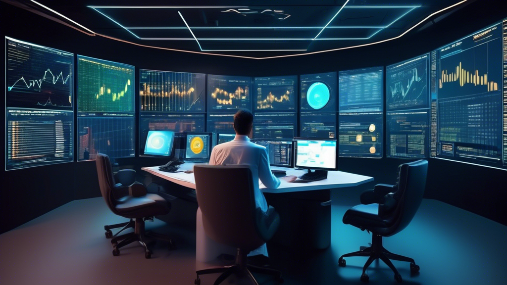 Create an image that highlights the revolutionary benefits of AI in crypto trading: feature a futuristic trading room with advanced AI analytics interfaces on large screens displaying cryptocurrency charts and predictions. The scene includes robotic assistants helping traders, showcasing automation and efficiency. Additionally, personalize the traders