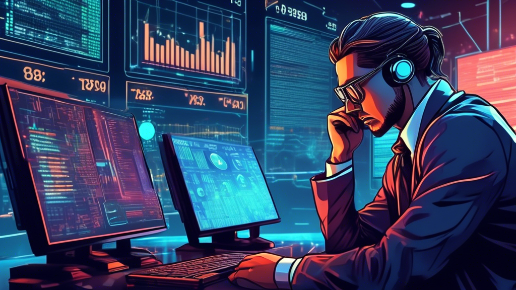 Create an image that depicts the potential risks and challenges of AI crypto trading. Show a futuristic, high-tech trading floor with digital screens displaying fluctuating cryptocurrency prices. In the foreground, portray a worried trader staring at a computer displaying an error message, symbolizing dependence on technology and potential security breaches. Include visual elements like a regulatory document and ethical dilemma icons, such as scales of justice, to highlight the ethical and regulatory issues in AI trading.