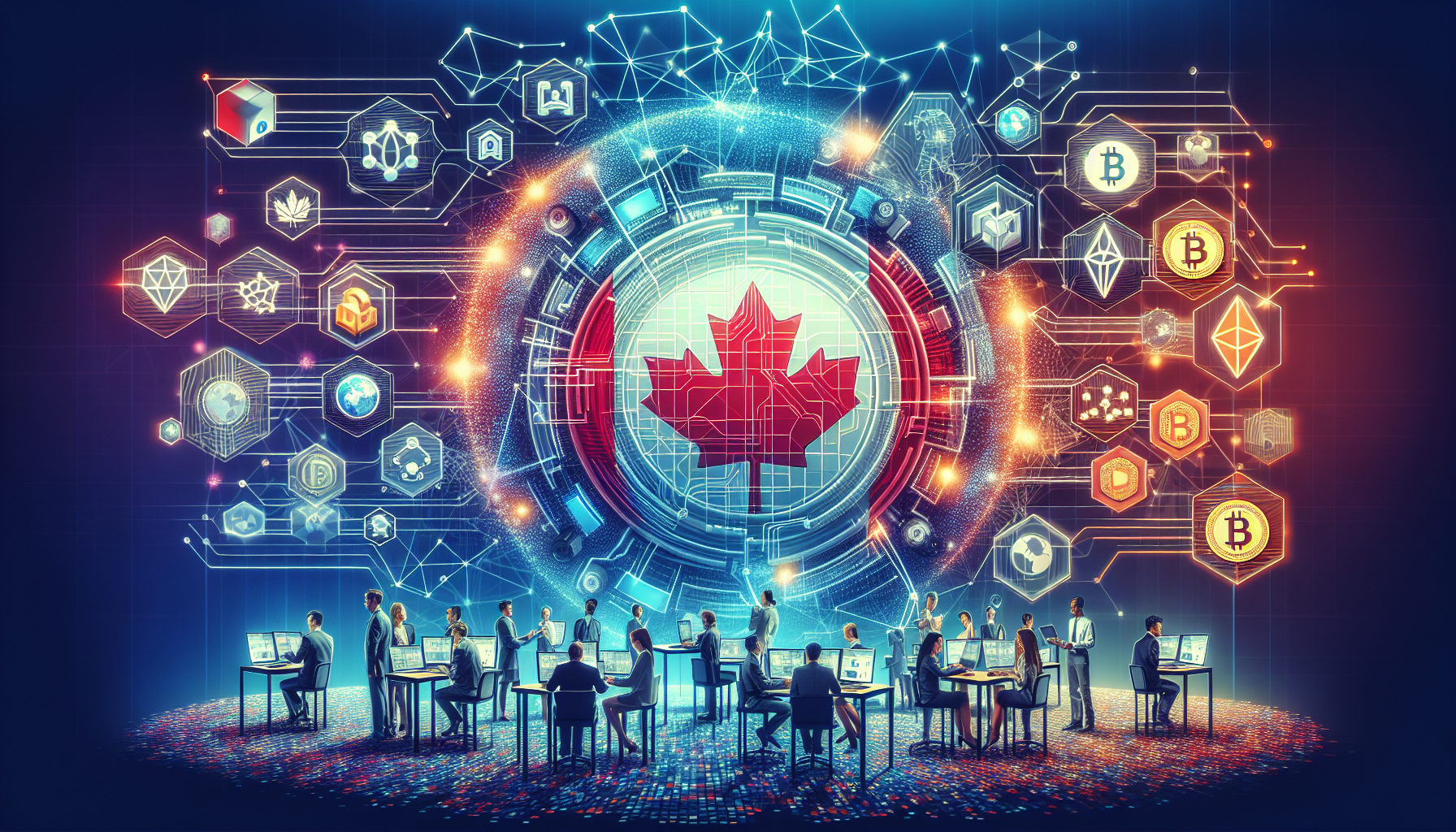 Create an image featuring a futuristic Canadian cryptocurrency exchange platform. The platform showcases state-of-the-art security features, with visuals of blockchain technology, including interconnected nodes and encrypted data. The setting should include Canadian flags and symbols subtly blended into the high-tech environment. The scene should also depict trends in user preferences with people engaging on their devices, utilizing advanced trading tools and services. Additionally, incorporate elements that represent global crypto trends influencing the Canadian market.