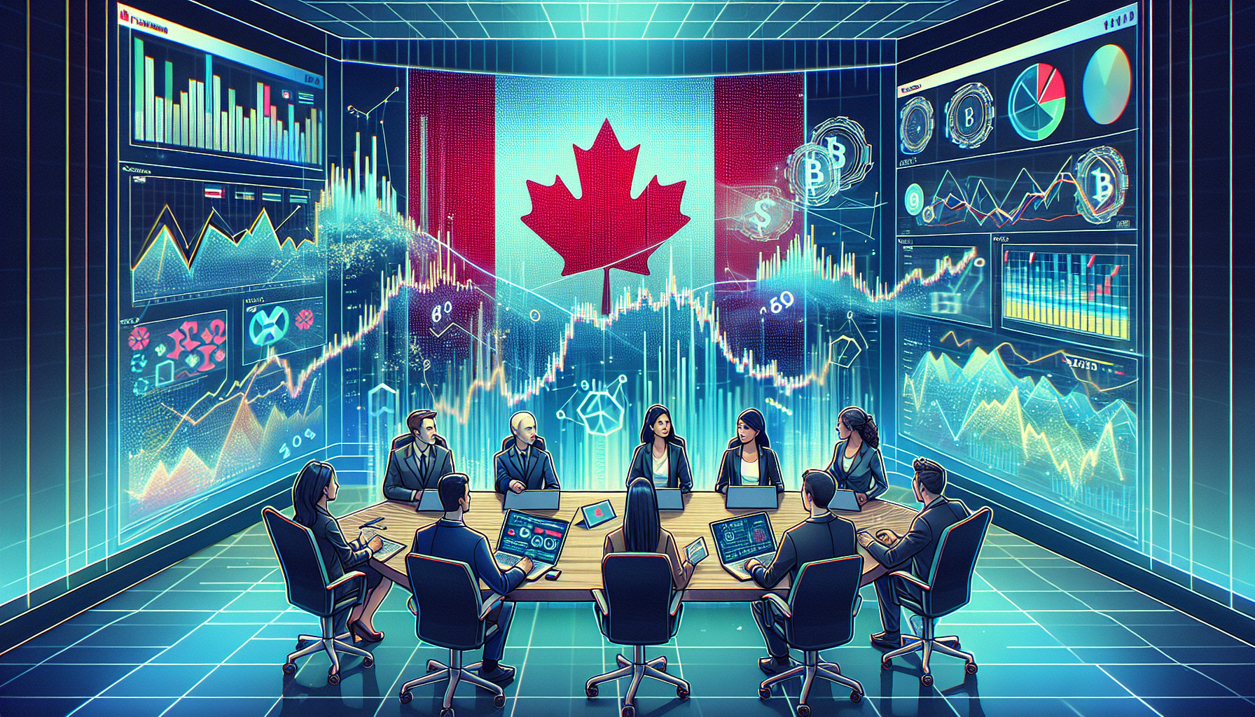 Generate an image depicting a futuristic scene with charts, graphs, and digital interfaces representing the growth and potential of Canadian cryptocurrency exchanges. Include a diverse group of experts and investors discussing analytics, potential investments, and government initiatives in a high-tech conference room with a Canadian flag subtly visible in the background. The overall atmosphere should convey optimism and forward-thinking.
