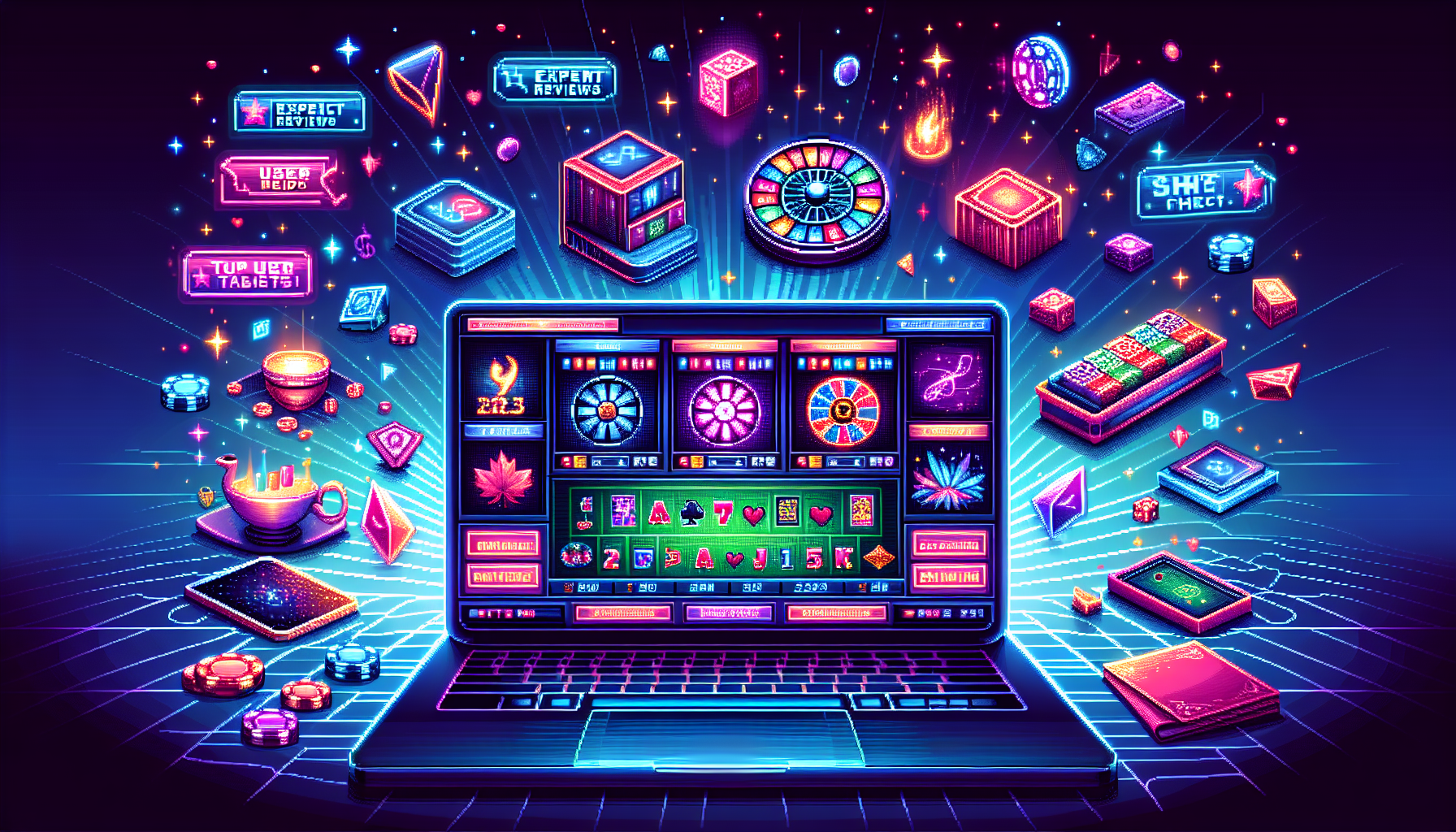 Create an image of a sleek, modern online casino interface displayed on a high-tech laptop. The laptop shows a vibrant casino homepage with spinning slot reels, poker tables, and diverse game options. Surrounding the laptop, include floating icons and badges with text that say Expert Reviews, User Testimonials, and Top 2023 Picks. The background can be a gradient of deep blues and purples, symbolizing excitement and innovation in the gaming world.